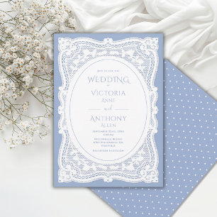 Invitation Mariage rustique bleu en dentelle blanche vintage