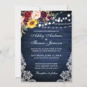 Invitation Mariage rustique Bleu Lumières dentelle Floral