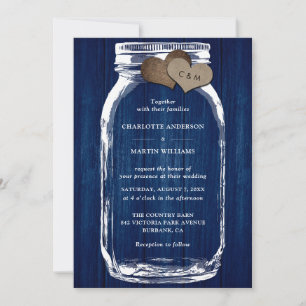 Invitation Mariage Rustique Bleu Nuit Pot Maçon en Bois