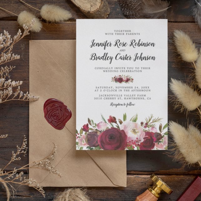 Invitation Mariage Rustique Blush Bourgogne Fleurs (Créateur téléchargé)