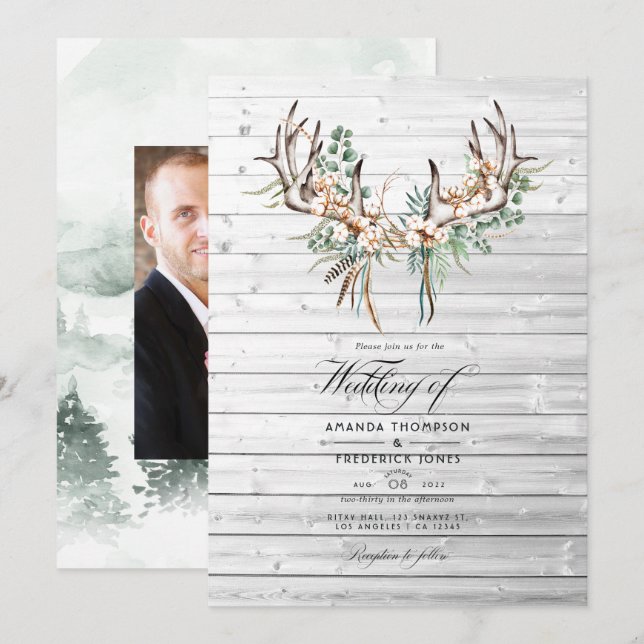 Invitation Mariage rustique Boho Cotton et Eucalyptus Boho (Devant / Derrière)
