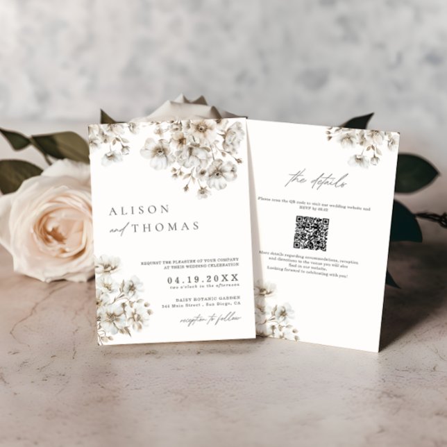 Invitation Mariage Rustique Boho Crème Code QR Floral (Créateur téléchargé)