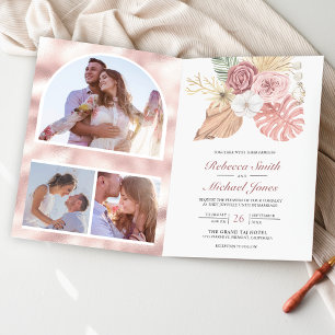 Invitation Mariage Rustique Boho Palmier Roses Rose Poussiére
