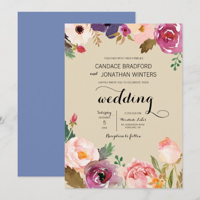 Invitation Mariage Rustique Boho Watercolor (Devant / Derrière)