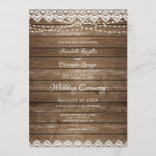 Invitation Mariage Rustique Bois blanc dentelle Lumières