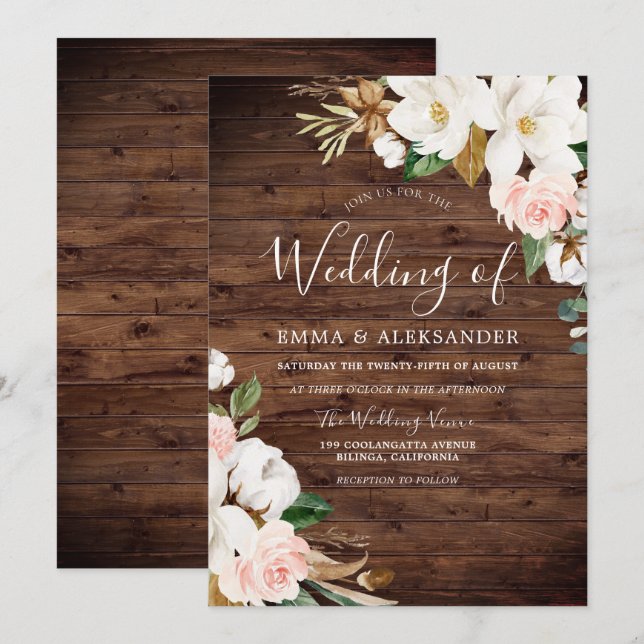 Invitation Mariage Rustique Bois Blush & Fleurs Blanches (Devant / Derrière)