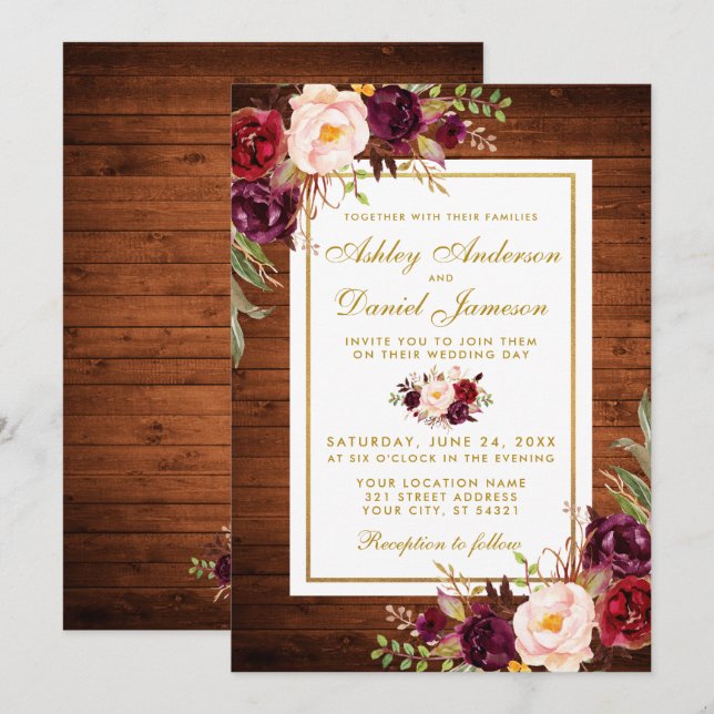 Invitation Mariage Rustique Bois Bourgogne Mariage Floral Inv (Devant / Derrière)