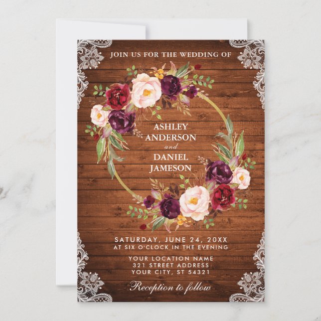 Invitation Mariage rustique Bois Floral Dentelle de couronnes (Devant)