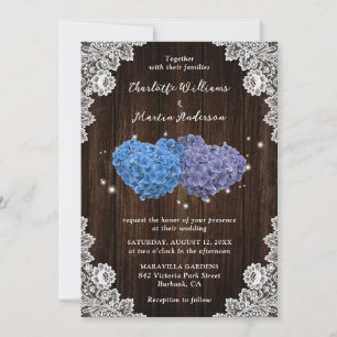 Invitation Mariage Rustique Bois pourpre et bleu Floral Coeur