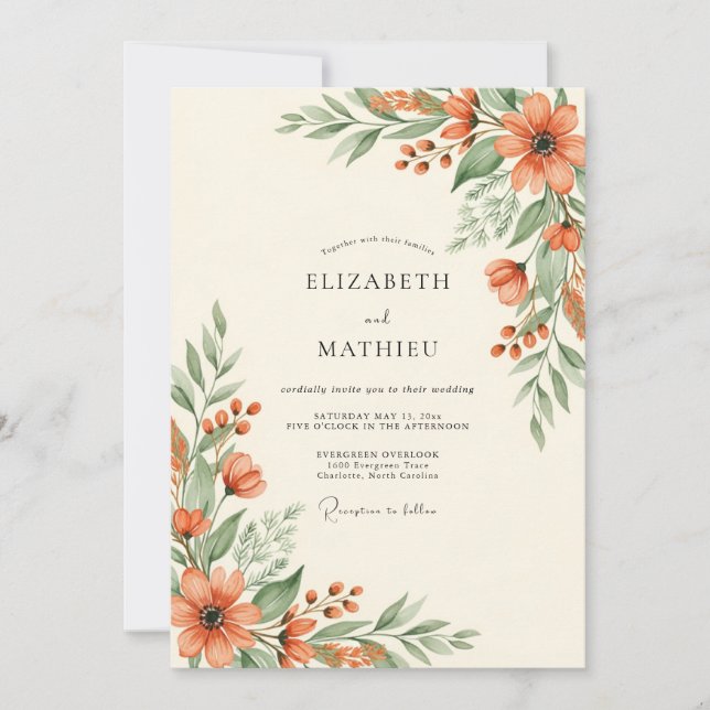 Invitation Mariage rustique botanique corail (Devant)