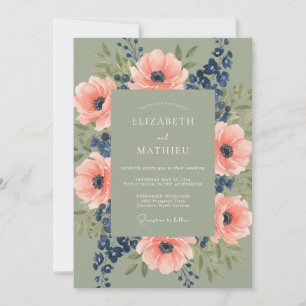 Invitation Mariage rustique botanique vert sauge corail