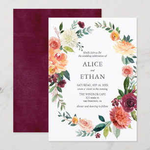 Invitation Mariage Rustique Bourgogne clair Fleurs Jaunes