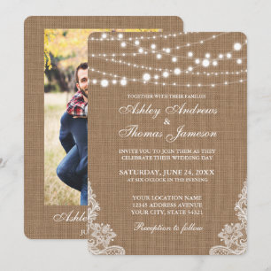 Invitation Mariage rustique Burlap Chaîne Lumières Dentelle I