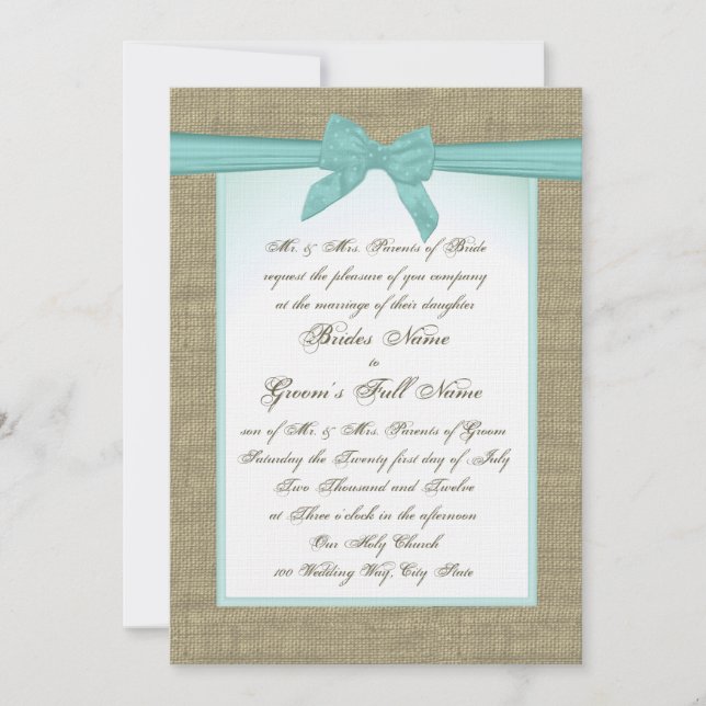 Invitation Mariage rustique Burlap et Aqua Bow (Devant)