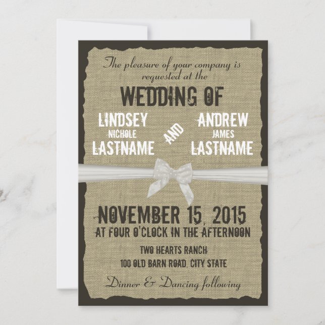 Invitation Mariage rustique Burlap et Bow (Devant)