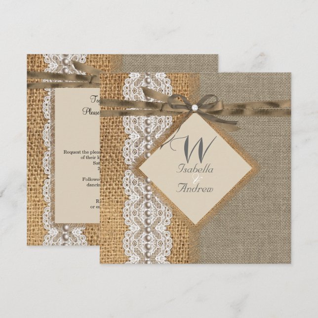 Invitation Mariage rustique Burlap Hessian Lace Pearl (Devant / Derrière)