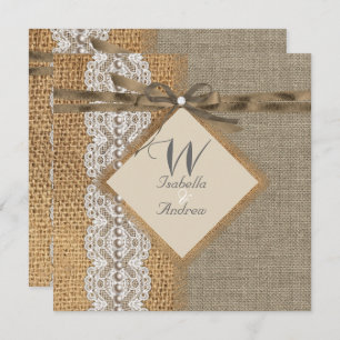 Invitation Mariage rustique Burlap Hessian Lace Pearl
