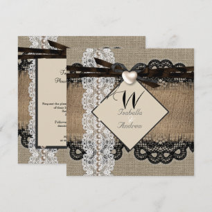 Invitation Mariage rustique Burlap Hessian Lace Pearl Heart