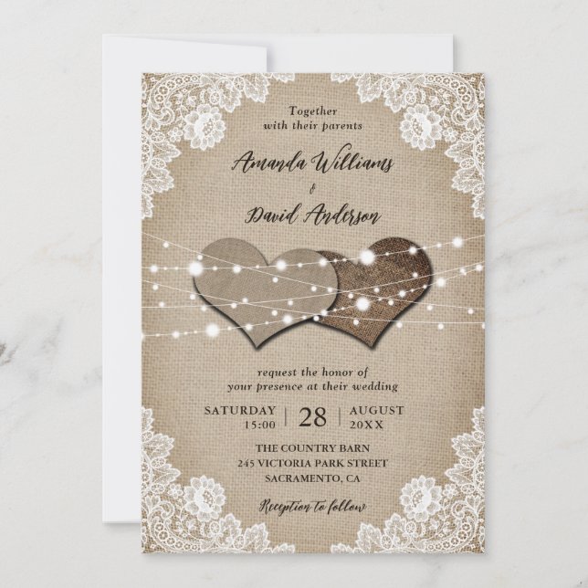 Invitation Mariage Rustique Burlap Lace (Devant)