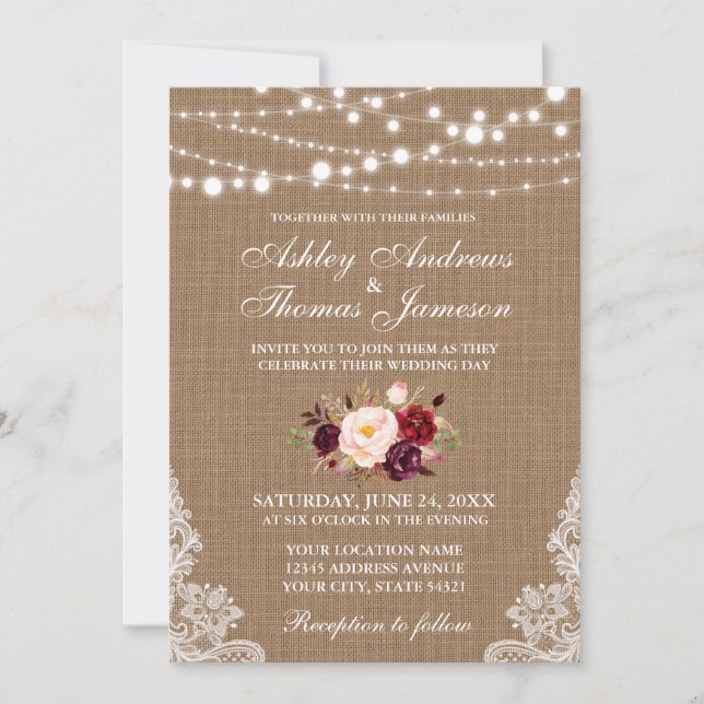 Invitation Mariage rustique Burlap Lace Lights Floral Invitat (Devant)