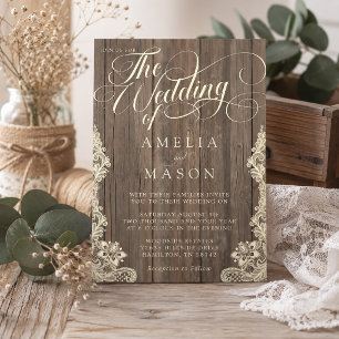 Invitation Mariage rustique calligraphié avec dentelle et boi