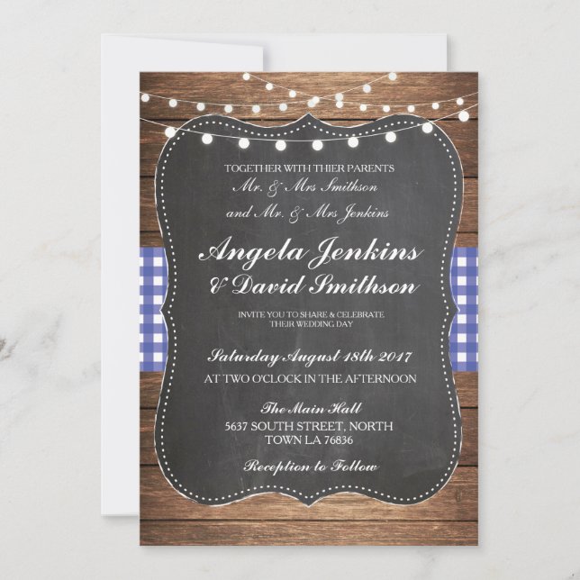 Invitation Mariage Rustique Chalk Bleu Bois Lumières Grange I (Devant)