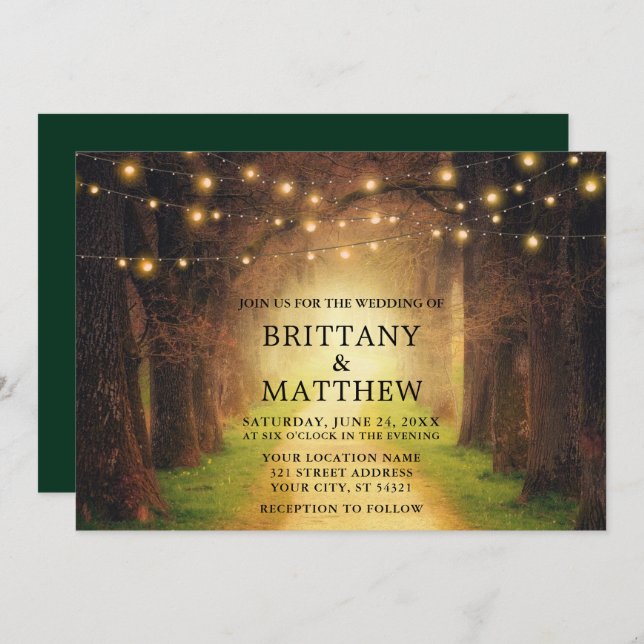 Invitation Mariage Rustique Chemin de la forêt Lumières Vert (Devant / Derrière)