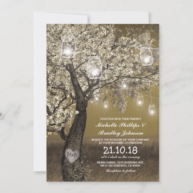 Invitation Mariage Rustique Cherry Tree & String Lights (Devant)