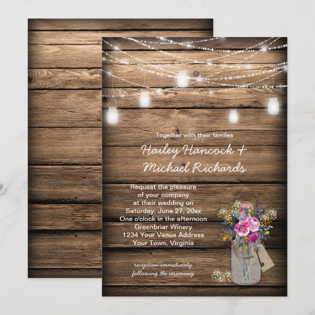 Invitation Mariage Rustique dans un Pot Mason avec Fleurs Sau (Devant / Derrière)