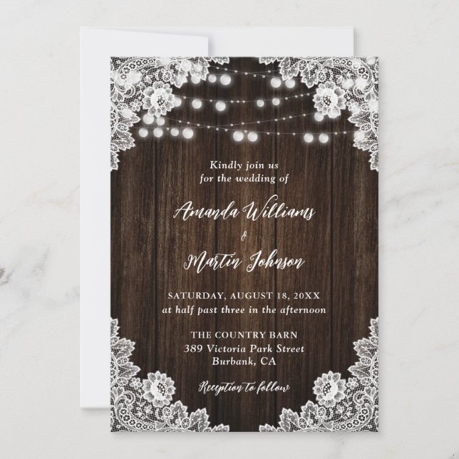Invitation Mariage rustique de campagne en bois floral dentel (Devant)