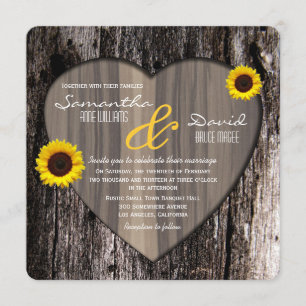 Invitation Mariage rustique de coeur et de tournesol d'écorce