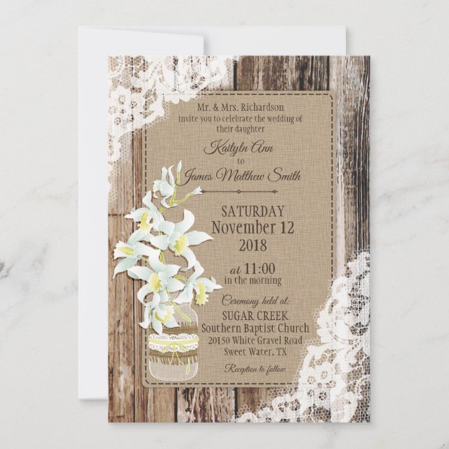 Invitation Mariage rustique de dentelle en bois d'orchidée bl (Devant)