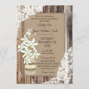 Invitation Mariage rustique de dentelle en bois d'orchidée bl