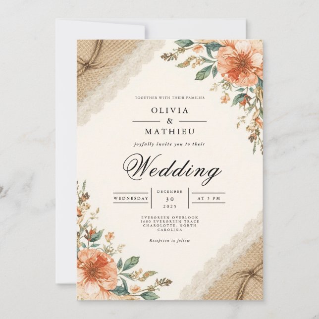 Invitation Mariage rustique de floraison de terroir (Devant)