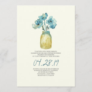 Invitation mariage rustique de la bocal de mason floral bleu 