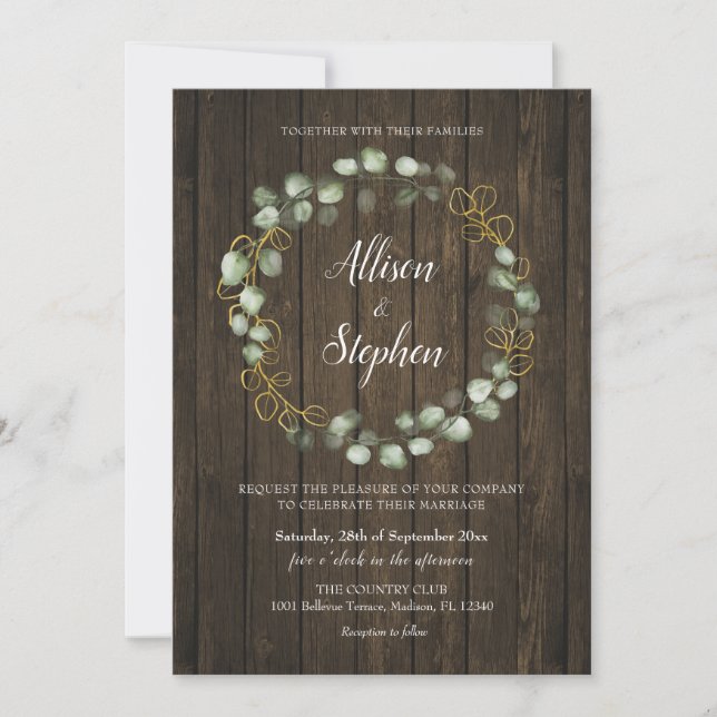 Invitation Mariage rustique de la couronne d'eucalyptus (Devant)