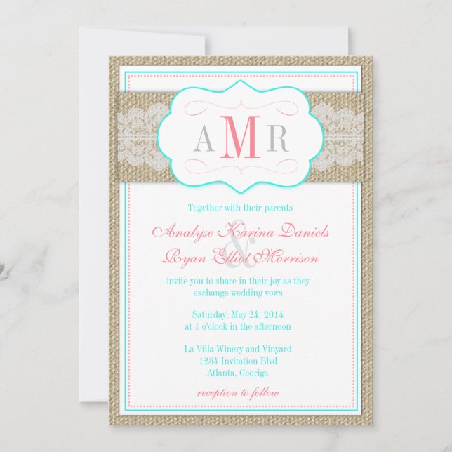 Invitation Mariage rustique de monogramme de dentelle et de (Devant)