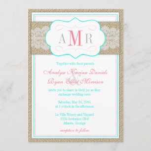 Invitation Mariage rustique de monogramme de dentelle et de