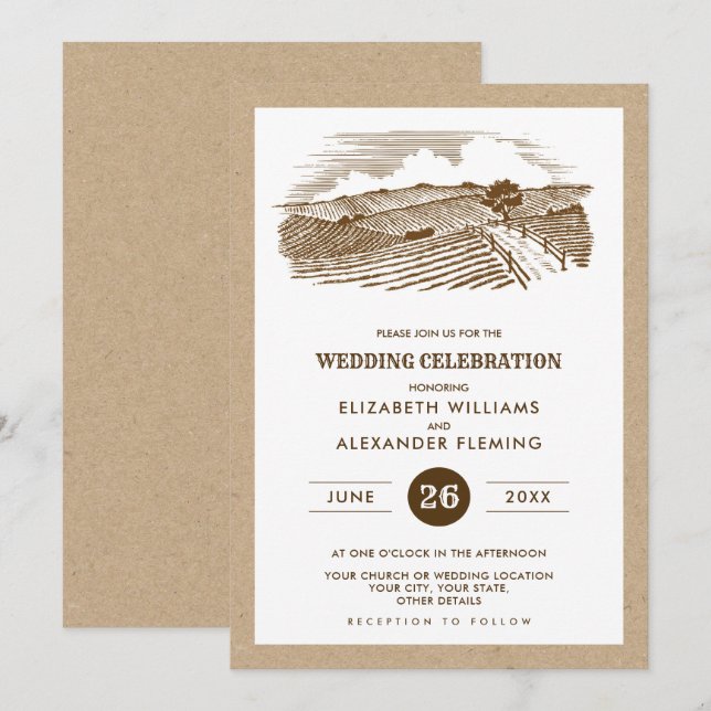 Invitation Mariage rustique de papier Kraft à crosse (Devant / Derrière)