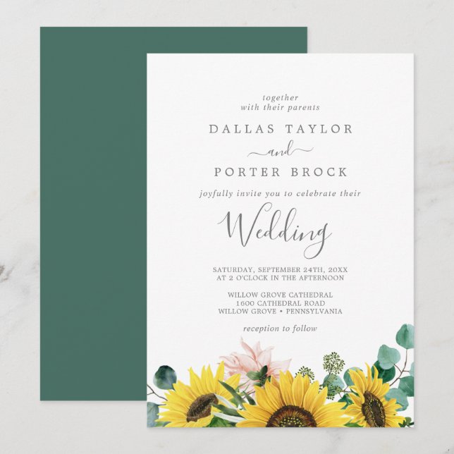 Invitation Mariage rustique de tournesol Eucalyptus (Devant / Derrière)