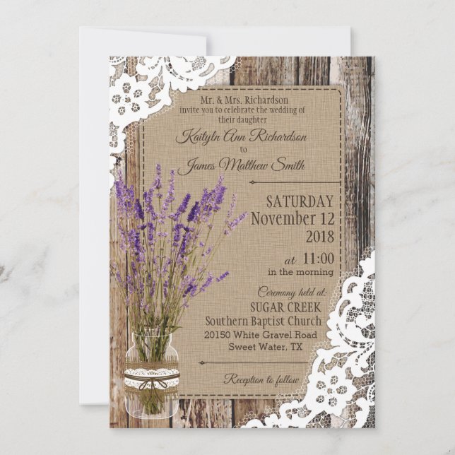 Invitation Mariage rustique dentelle en bois de lavande (Devant)