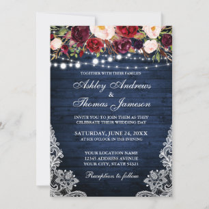 Invitation Mariage Rustique Dentelle Florale Bleu Bois Lumièr