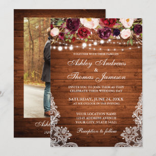 Invitation Mariage rustique dentelle florale en bois photo
