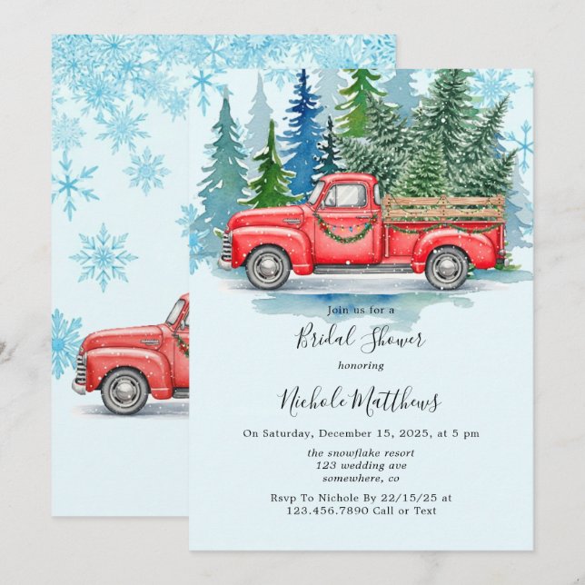 Invitation Mariage rustique d'hiver dans un camion, douche de (Devant / Derrière)