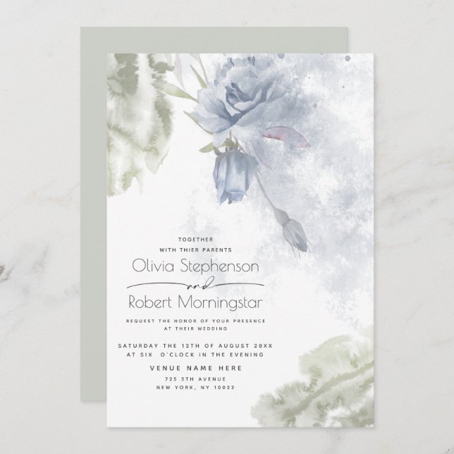 Invitation Mariage | Rustique Dusty Blue Roses (Devant / Derrière)