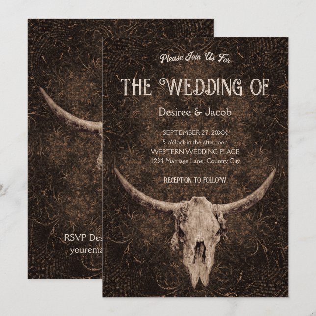 Invitation Mariage rustique élégant Brown Western Bull Skull (Devant / Derrière)