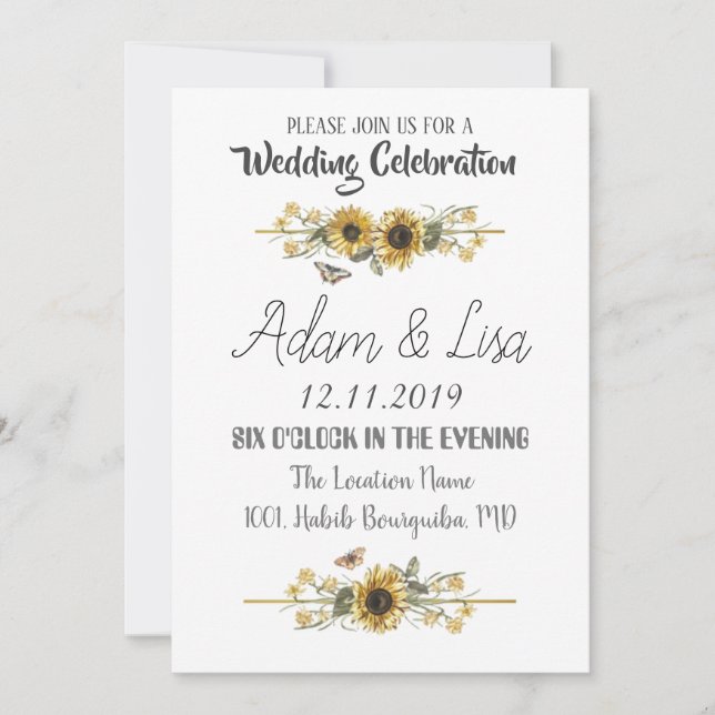 Invitation Mariage Rustique & Élégant Tournesol Papillon (Devant)