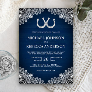 Invitation Mariage Rustique en Bois de Grange, Bleu Nuit, Fer