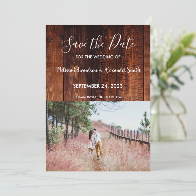 Invitation Mariage rustique en bois de grange de pays Enregis (Debout devant)