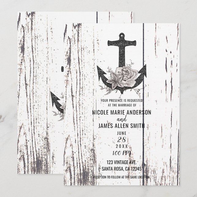 Invitation Mariage rustique en bois de style côtier avec ancr (Devant / Derrière)